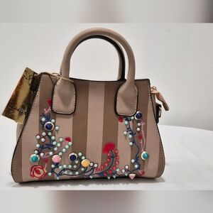 Embroidered Tan Handbag